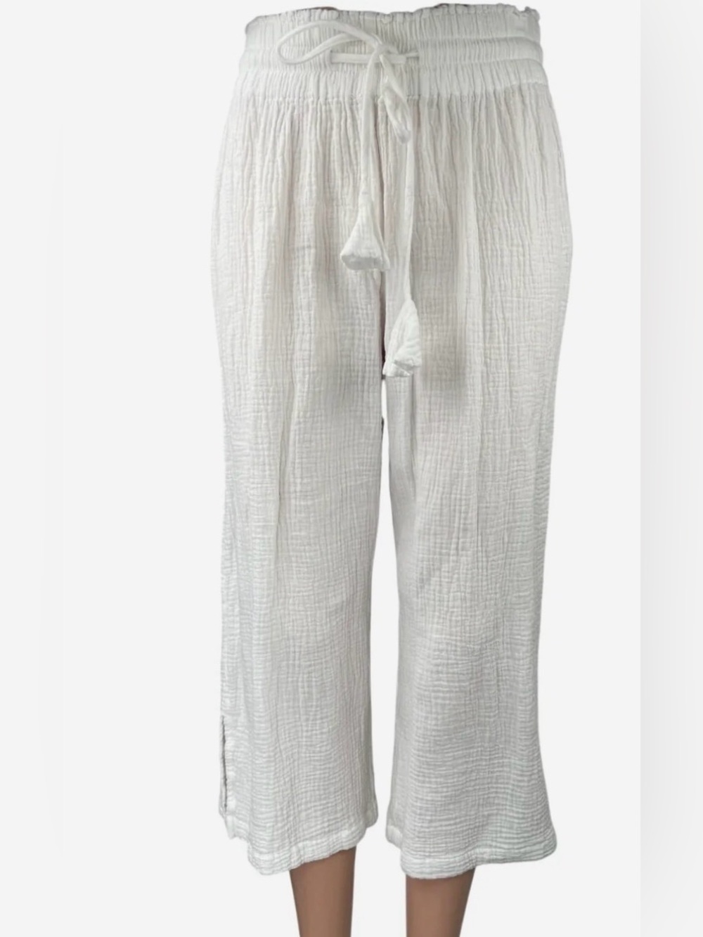 Joie Women's White High Waist Wide Leg Tassels Drawstring Crop Trousers Pants M